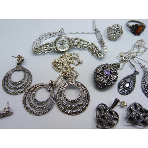 1144 - A collection of silver jewellery and a marcasite set wristwatch