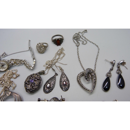 1144 - A collection of silver jewellery and a marcasite set wristwatch