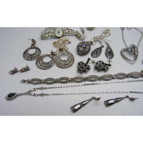 1144 - A collection of silver jewellery and a marcasite set wristwatch