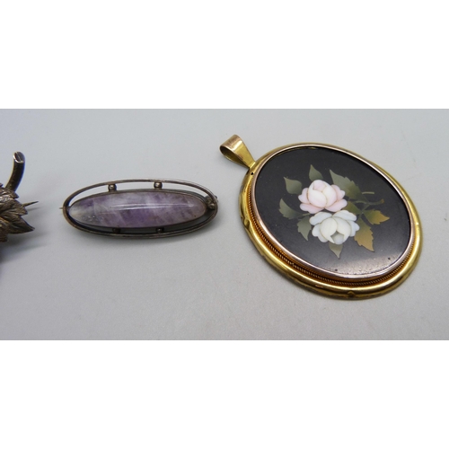 1147 - A Pietra Dura pendant, a silver and quartz brooch and one other brooch with enamelled strawberry det... 