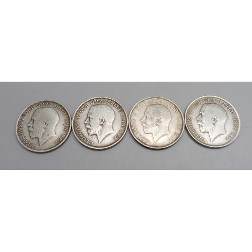 1148 - Four George V half-crowns, 1911 to 1914, 55.8g