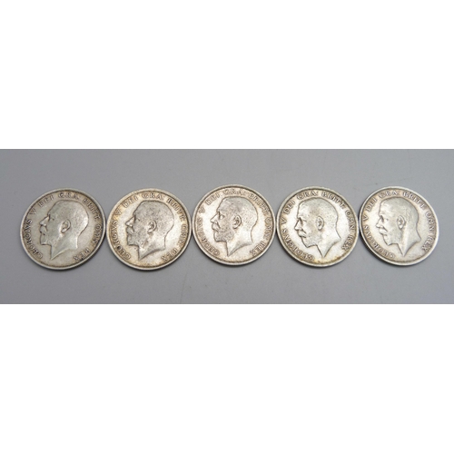 1149 - Five George V half crowns, 1915-1919, 70.3g