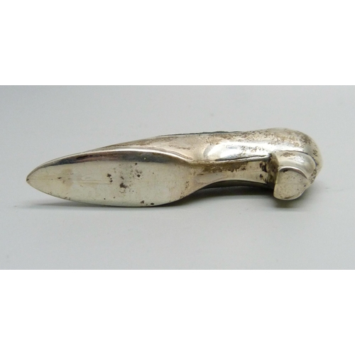 1151 - A novelty silver pin cushion in the form of a shoe, Chester 1906, 57mm