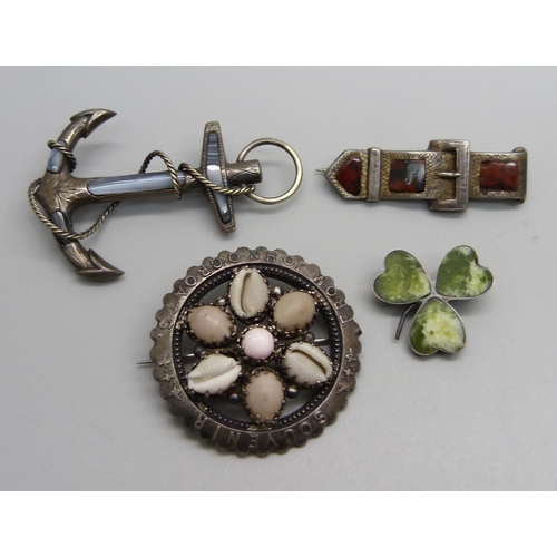 1154 - Two silver stone set brooches, a stone set anchor brooch and a Victorian 'Souvenir from John O'Groat... 