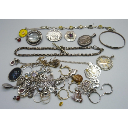 1155 - A collection of silver and white metal jewellery, including Victorian, opal set pendant, bracelets, ... 