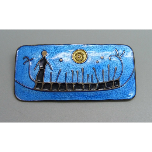 1158 - A vintage Norwegian silver and enamelled  brooch, marked 'Rock-Carving from Norway 100-500 B.C.', D-... 