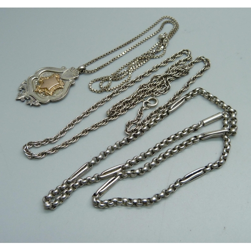 1159 - Three silver chains and a silver fob with 9ct gold detail, 34g, 42cm, 43cm and 49cm