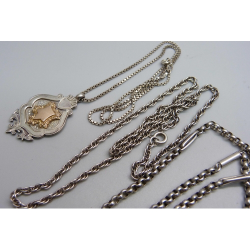 1159 - Three silver chains and a silver fob with 9ct gold detail, 34g, 42cm, 43cm and 49cm