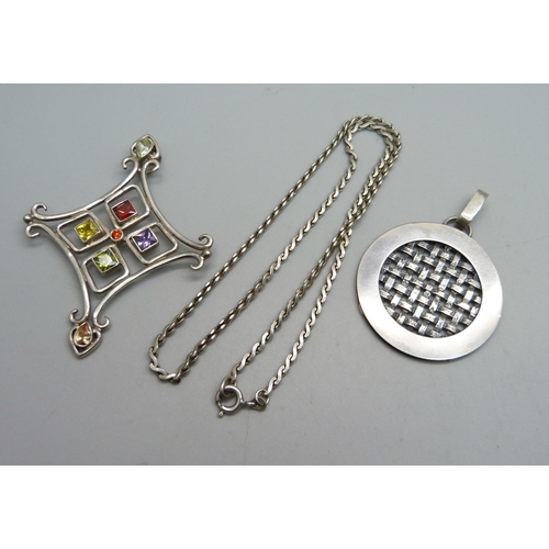 1161 - Two large silver pendants and a silver chain, 36g, chain 40cm