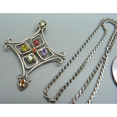 1161 - Two large silver pendants and a silver chain, 36g, chain 40cm