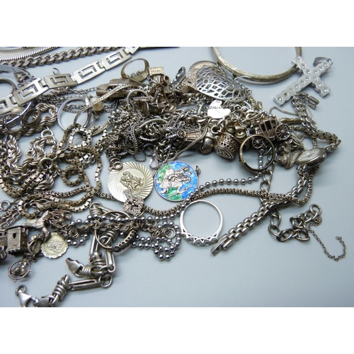 1164 - A large collection of silver jewellery, chains, rings, charm bracelet, bangles, charms, Pandora bang... 