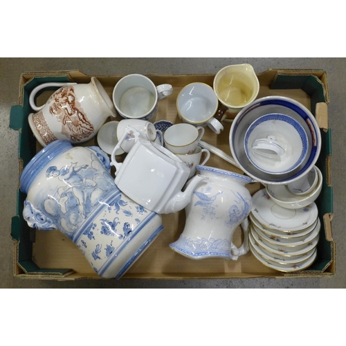 1166 - Six French coffee cups and saucers, a Royal Doulton jug, a/f, a blue and white relief mug, a teapot,... 