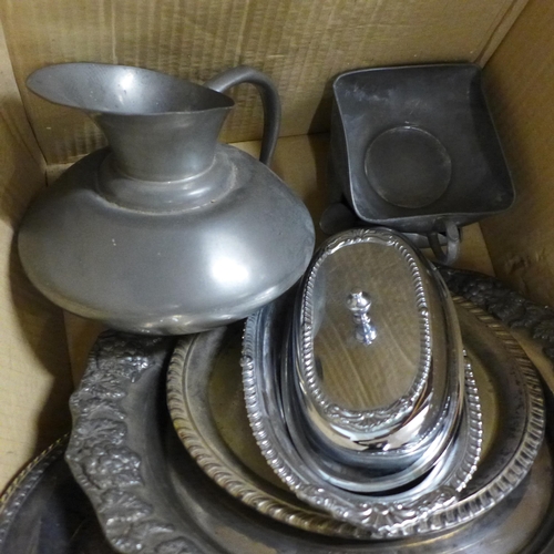 1174 - A collection of metalware and silver plate including chargers, salvers and a set of Dutch pewter **P... 