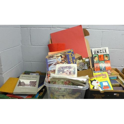 1181 - Three boxes of assorted items, books, annuals, Fez, china, car clock display, etc.**PLEASE NOTE THIS... 