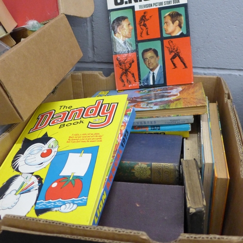 1181 - Three boxes of assorted items, books, annuals, Fez, china, car clock display, etc.**PLEASE NOTE THIS... 