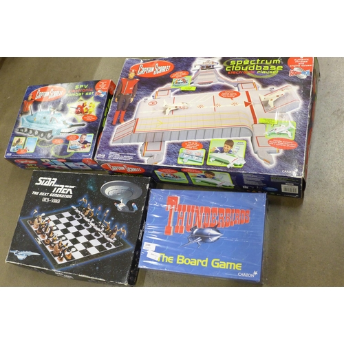 1190 - A Star Trek Next Generation chess set, Captain Scarlet Cloudbase and SPV Combat set and a Thunderbir... 