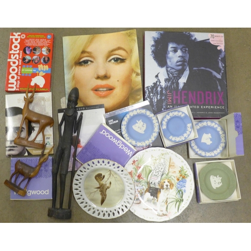 1195 - A carved wooden sculpture, Wedgwood Jasperware, a Jimi Hendrix CD set, Marily Monroe book, etc. **PL... 