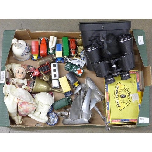 1199 - A pair of 10 x 50 binoculars, model vehicles, shoe stretchers and plated flatware, etc. **PLEASE NOT... 