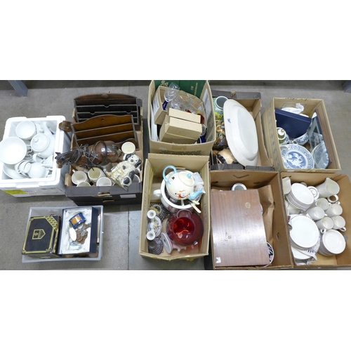 1206 - Nine boxes of assorted glass and china including Poole, collectors spoons, Royal commemorative mugs,... 