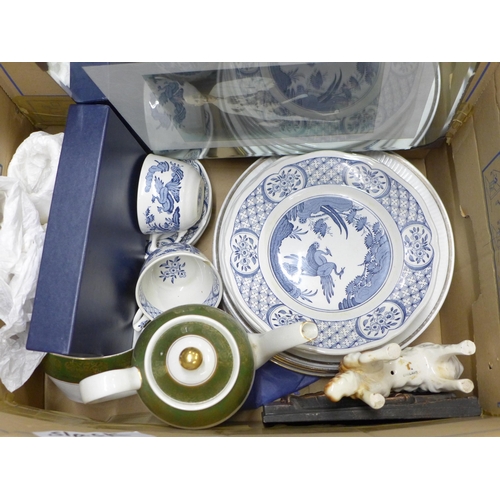 1206 - Nine boxes of assorted glass and china including Poole, collectors spoons, Royal commemorative mugs,... 