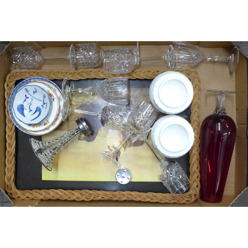 1206 - Nine boxes of assorted glass and china including Poole, collectors spoons, Royal commemorative mugs,... 