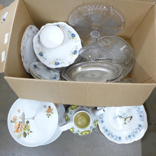 1215 - A collection of glassware, china plates and a plated basket **PLEASE NOTE THIS LOT IS NOT ELIGIBLE F... 