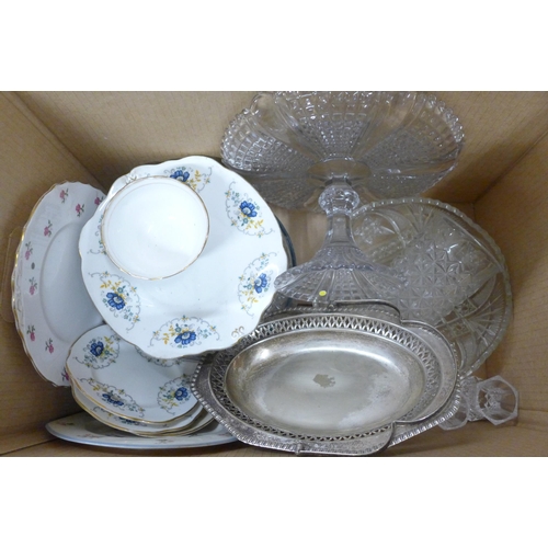 1215 - A collection of glassware, china plates and a plated basket **PLEASE NOTE THIS LOT IS NOT ELIGIBLE F... 