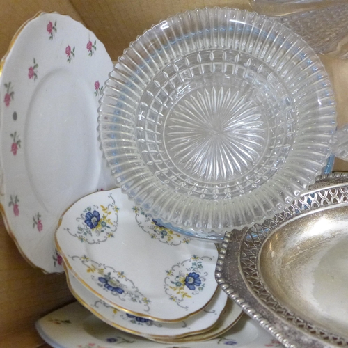 1215 - A collection of glassware, china plates and a plated basket **PLEASE NOTE THIS LOT IS NOT ELIGIBLE F... 