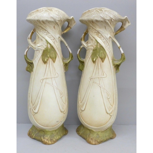 610 - A pair of large Royal Dux Bohemia porcelain vases decorated with olive branches enhanced with green ... 