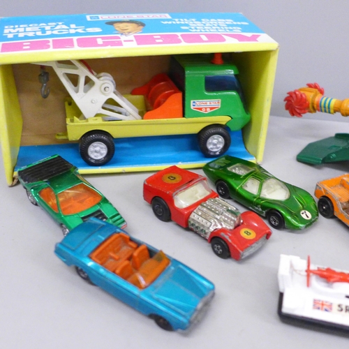 674 - Die-cast model vehicles including Matchbox and Hot Wheels and a rare 1970s UFO Rock Commander 7 cutt... 