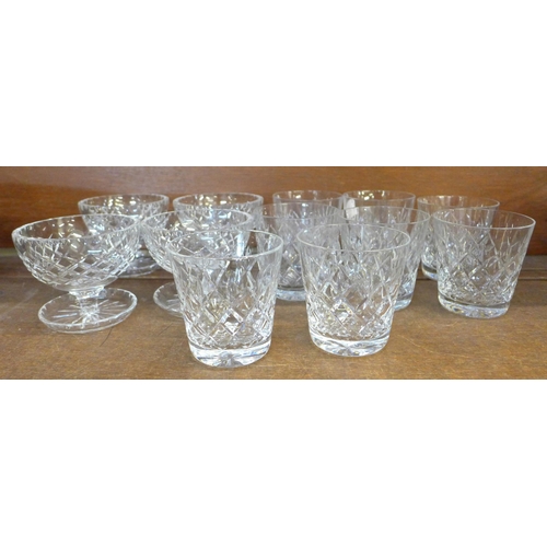 679 - Six Webb Corbett crystal whisky glasses, two Waterford and four Waterford crystal glass stemmed dish... 