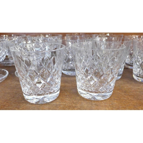 679 - Six Webb Corbett crystal whisky glasses, two Waterford and four Waterford crystal glass stemmed dish... 