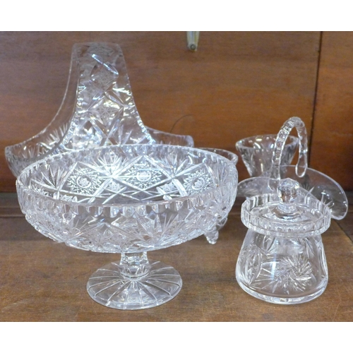 680 - Six items of crystal glass; American cut pinwheel crystal pedestal bowl, large basket, pair of small... 