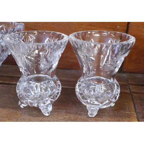 680 - Six items of crystal glass; American cut pinwheel crystal pedestal bowl, large basket, pair of small... 