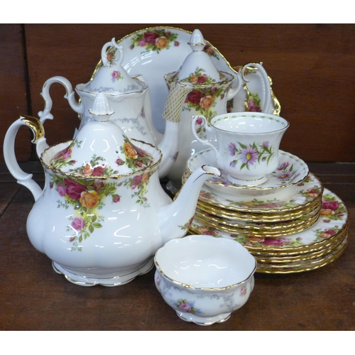 681 - Royal Albert Old Country Roses coffee pot, teapot, six tea and side plates and two sandwich plates, ... 