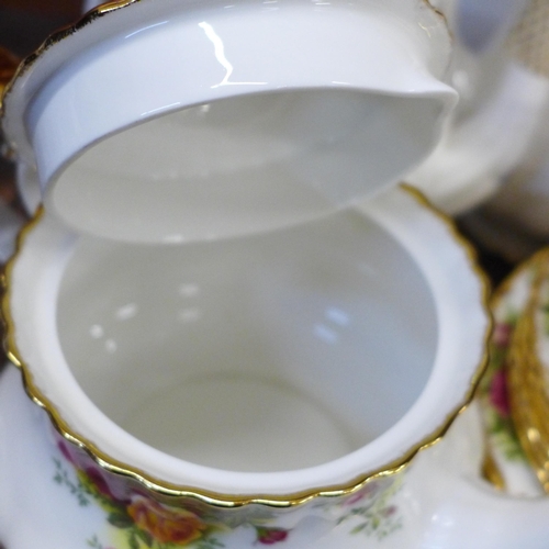 681 - Royal Albert Old Country Roses coffee pot, teapot, six tea and side plates and two sandwich plates, ... 