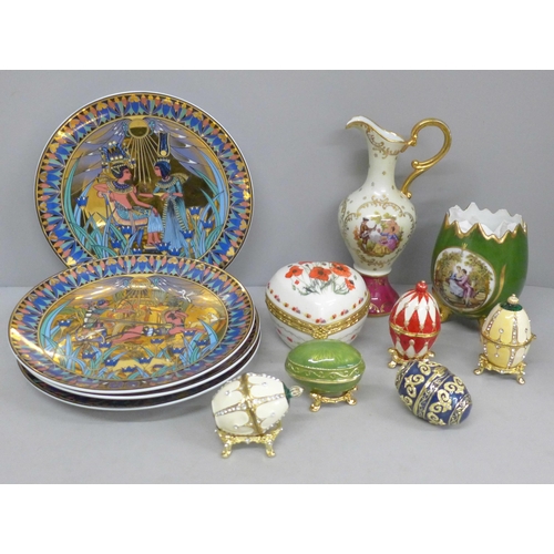 696 - A collection of trinket boxes including egg shaped with rhinestone detail, a set of four Royal Worce... 