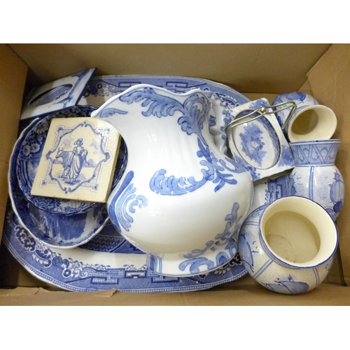 708 - Blue and white china including Real Old Willow pattern serving plate, a pair of Villeroy and Boch va... 