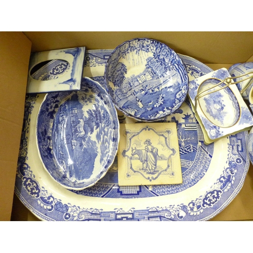 708 - Blue and white china including Real Old Willow pattern serving plate, a pair of Villeroy and Boch va... 