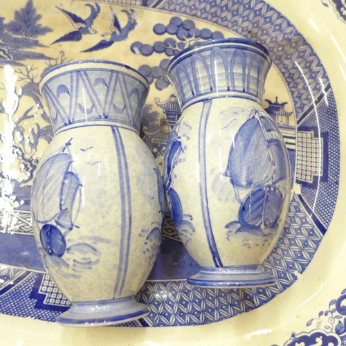 708 - Blue and white china including Real Old Willow pattern serving plate, a pair of Villeroy and Boch va... 