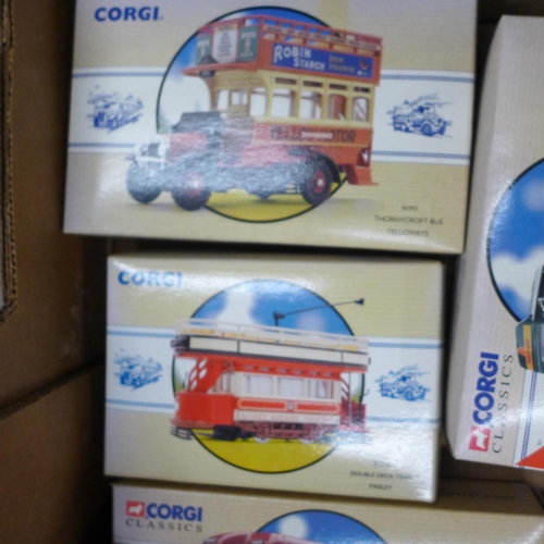 712 - Ten Corgi Classics model vehicles, trams, buses, commercial vehicles, all boxed