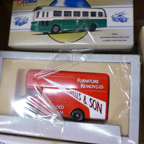 712 - Ten Corgi Classics model vehicles, trams, buses, commercial vehicles, all boxed