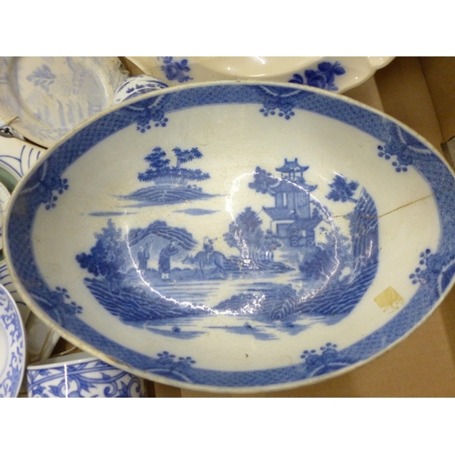 714 - A box of Chinese blue and white and English Delft porcelain, 18th Century and later, some a/f **PLEA... 