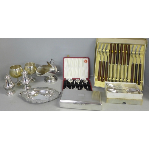 756 - A set of Pearson Bros. knives and forks, and other silver plated items including a cigarette box wit... 