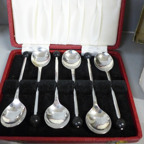 756 - A set of Pearson Bros. knives and forks, and other silver plated items including a cigarette box wit... 