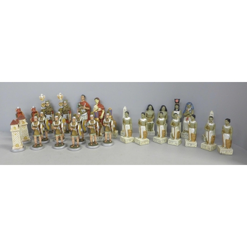 770 - A set of Egyptian and Roman chess pieces, one Egyptian pawn missing