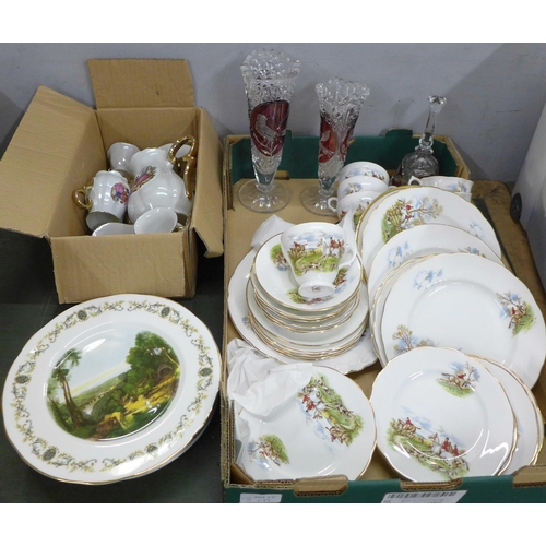 777 - A hunting scene bone china tea set, a continental coffee set, two glass vases, bell and other decora... 