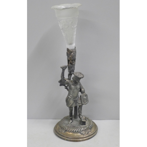 781 - A plated epergne with a figural base and a matched glass trumpet, a/f