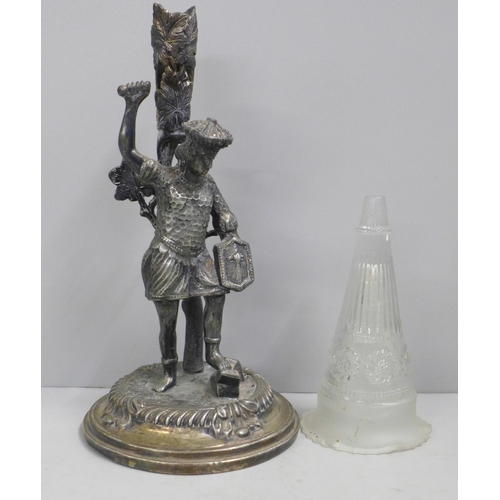 781 - A plated epergne with a figural base and a matched glass trumpet, a/f