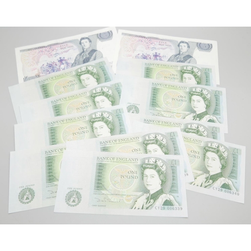 802 - Ten £1 notes in sequence, CY29 006338- CY29006347 and two £5 notes SB05289233 and 34